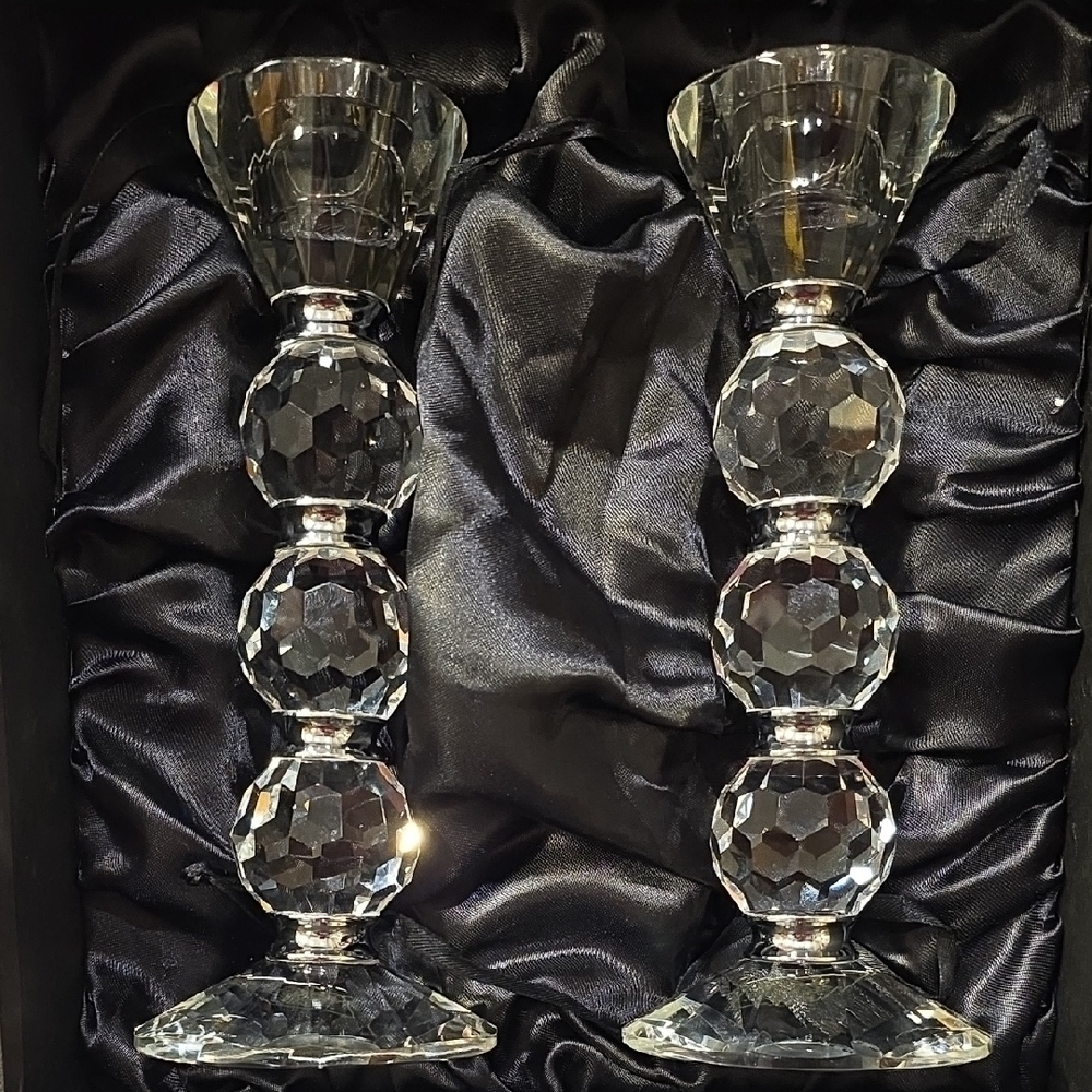 Shannon Afterglow Crystal Candlesticks Pair with Silver Accent Bands - Picture 10 of 13